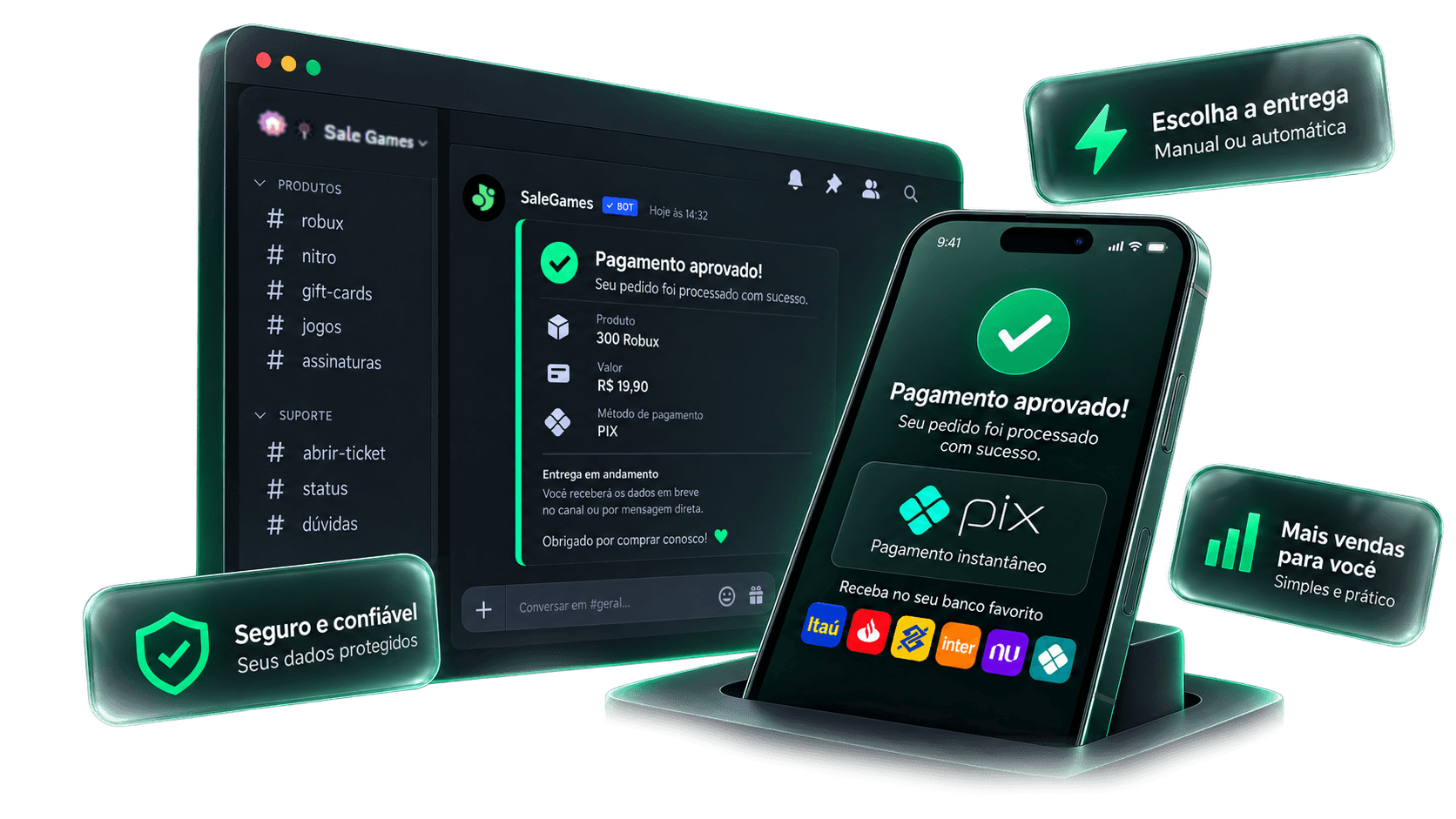 Painel SaleGames no Discord e checkout PIX no celular